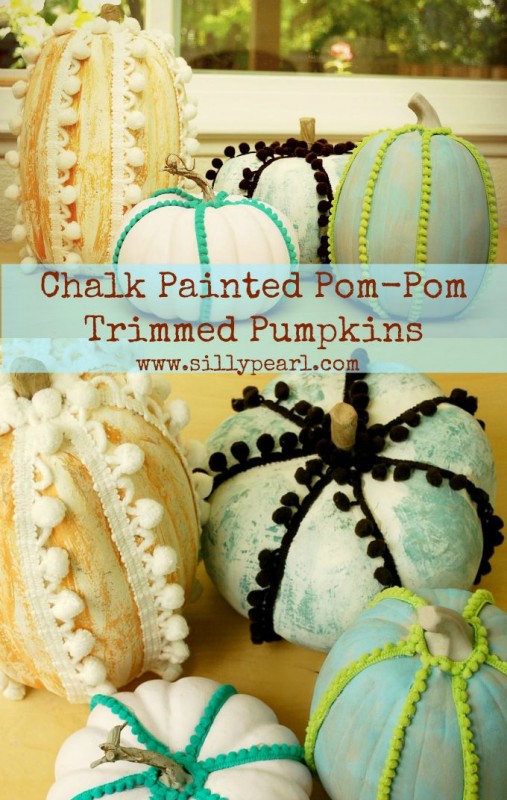 Chalk-Painted-Pom-Pom-Trimmed-Pumpkins-The-Silly-Pearl-507x800